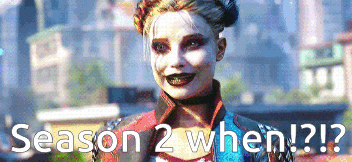 a woman in a harley quinn costume with the words season 2 when on the bottom