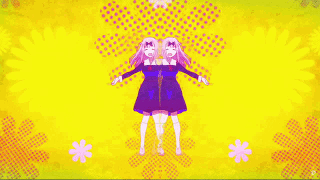 a group of anime girls are dancing in a row on a yellow background .