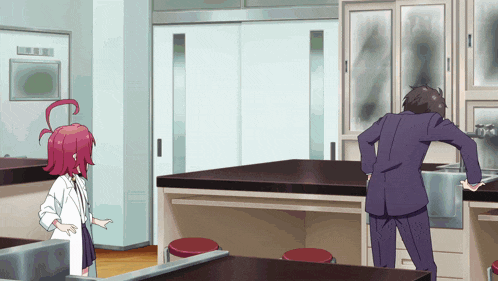 a man in a suit and a girl in a lab coat are standing in a kitchen