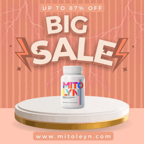a bottle of mito lyn sits on a podium with a big sale sign above it