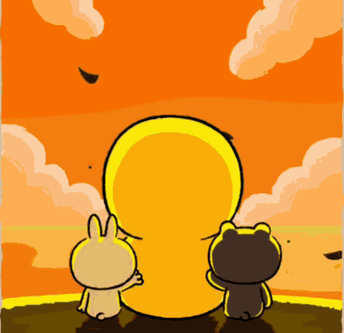 a cartoon of a rabbit and a cat looking at a large yellow object