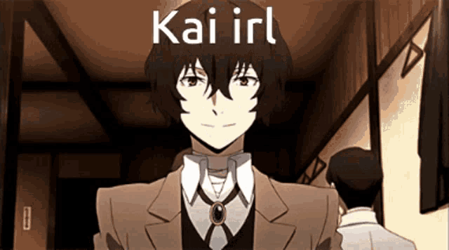 a man in a suit with the word kai irl written on the bottom