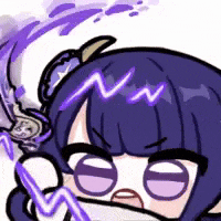 a cartoon girl with purple hair and a lightning bolt on her head is holding a sword .