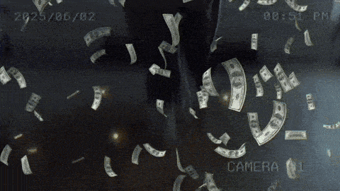 money is falling from a camera that says camera 001