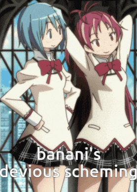 two anime girls are standing next to each other with the words " banani 's devious scheming " on the bottom