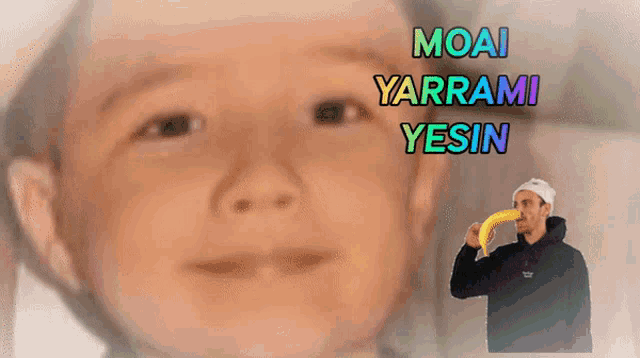 a man holding a banana in his mouth with moai yarrami yesin written above him