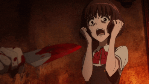 a girl with a scared look on her face is holding a bloody knife