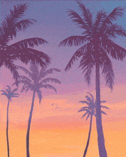 a sunset with palm trees and the rockstar logo in the foreground