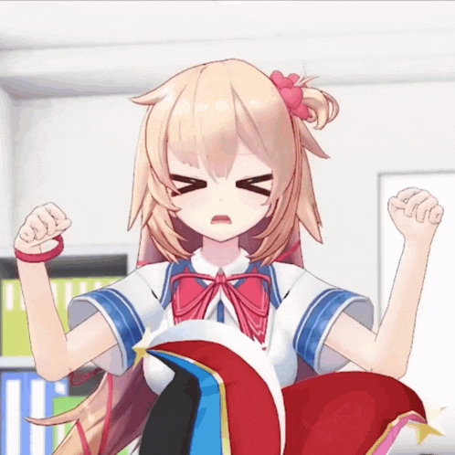 a 3d anime girl with a red bow on her hair