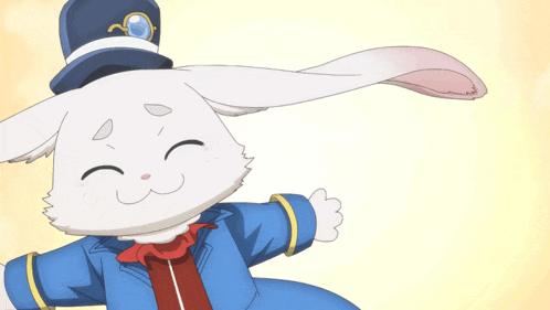 a white rabbit wearing a blue coat and top hat