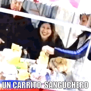 a group of people are sitting at a table with the words un carrito sanguchero written on the bottom