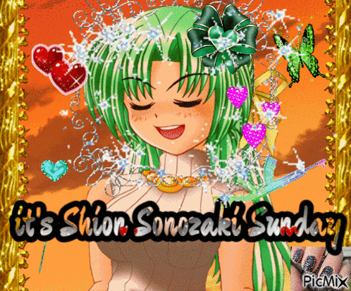 a picture of a girl with the words it 's shion sonozaki sunday on it