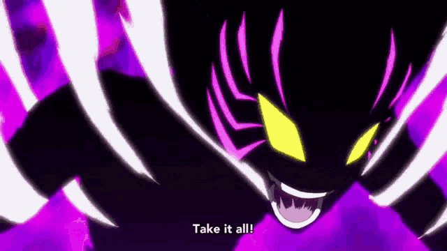 a cartoon character with a purple background and a yellow eye is screaming and saying `` take it all ! ''