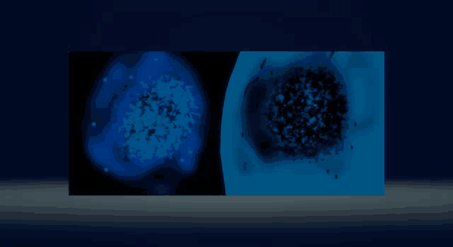 two images of a blue and black sphere on a blue background