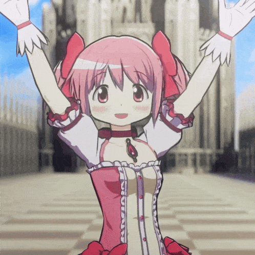 a girl with pink hair and white gloves has her arms up in the air