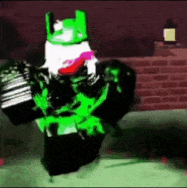 a green and black cartoon character is standing in a dark room .