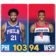 a philadelphia wizards player and a washington wizards player are standing next to each other