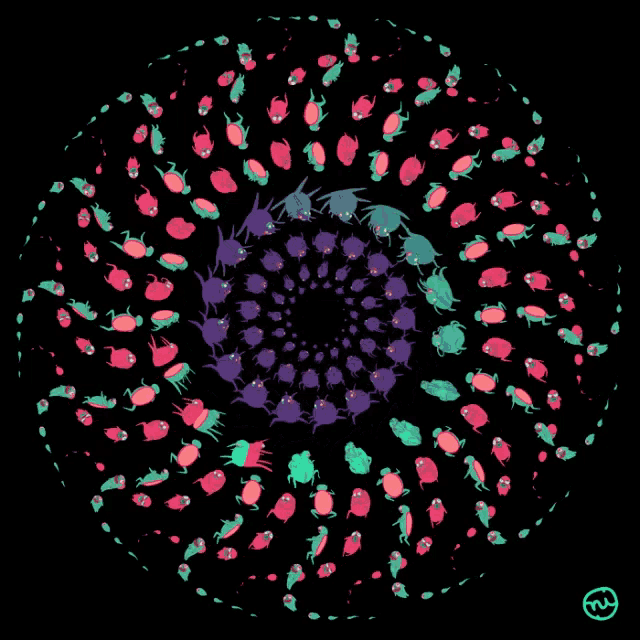 a black background with a circle of pink and purple bugs in it