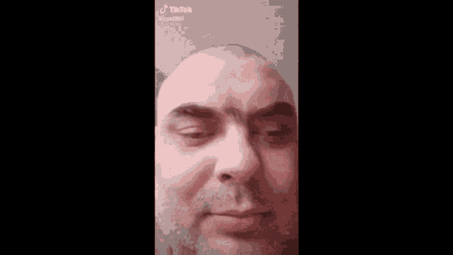 a close up of a man 's face with a beard and a bald head .
