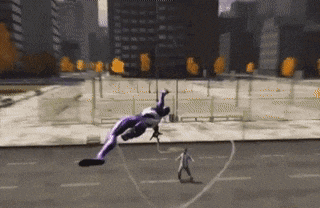 a man in a purple superhero costume is jumping in the air