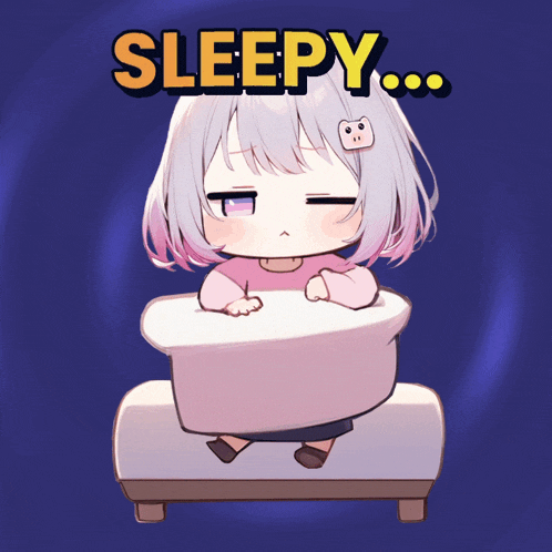 a picture of a girl sitting on a bed with the words sleepy above her