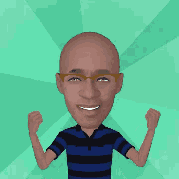 a bald man with glasses and a blue and black striped shirt is flexing his muscles