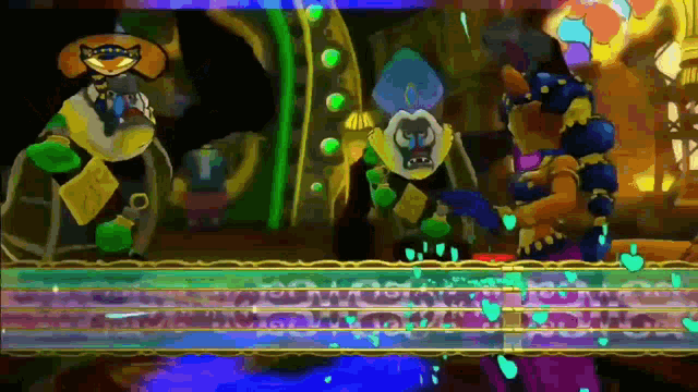 two cartoon characters are standing next to each other in a room with a blue background
