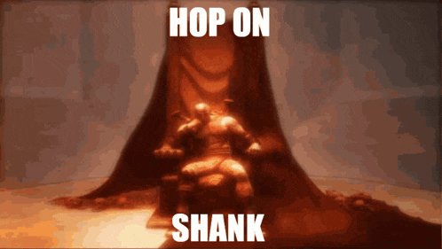 a statue of a man sitting on a throne with the words hop on shank below him