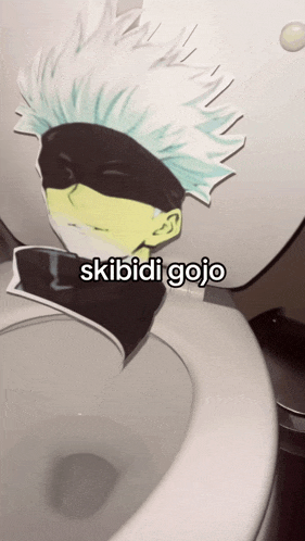 a toilet with a picture of a man on it and the words skibidi gojo below it