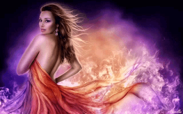 a painting of a woman in a red dress with flames behind her