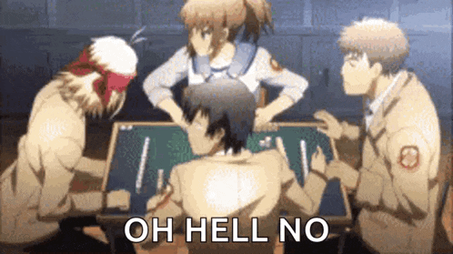 a group of anime characters are sitting around a table playing a game and one of them is saying `` oh hell no '' .