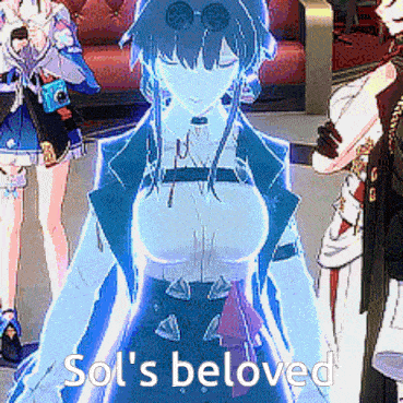 a glowing anime character with the words sol 's beloved written below her
