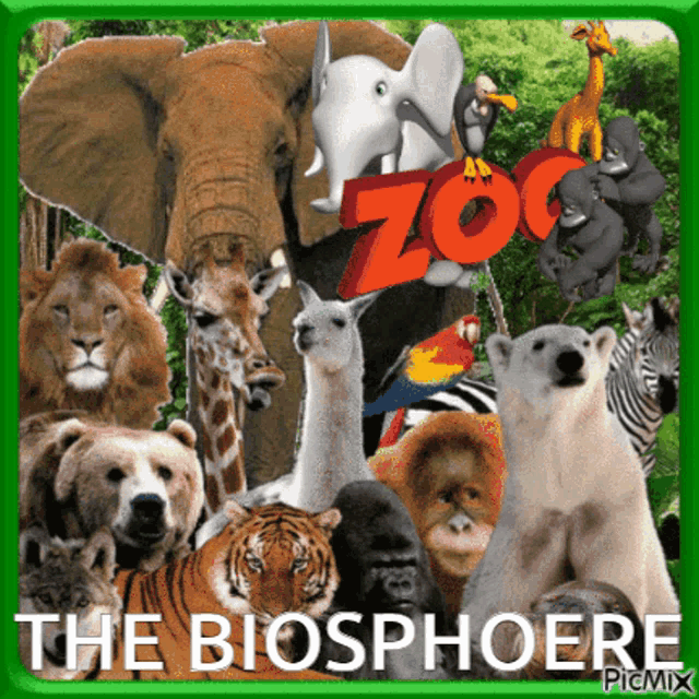 a collage of zoo animals with the words " the biosphère " on the bottom