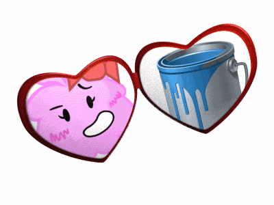 a pink heart with a bow and a blue paint bucket