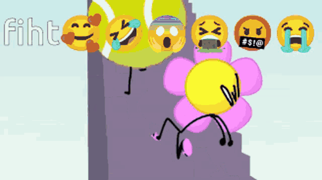 a cartoon of a tennis ball a flower and other emojis with the word fiht in the corner