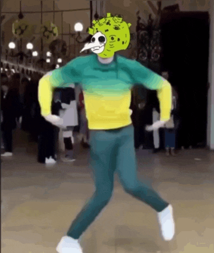 a person wearing a mask and a yellow sweater is dancing in a store .