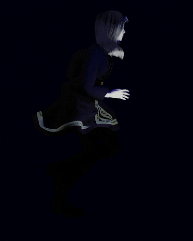 a 3d rendering of a woman in a blue dress running in the dark