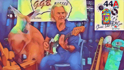 a painting of a man playing a guitar with a deer in the background