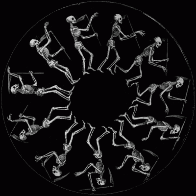 a black and white drawing of skeletons holding sticks