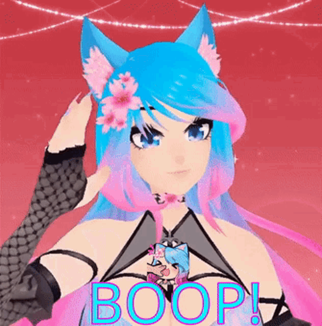 a girl with blue hair and pink flowers in her hair has the word boop on her chest