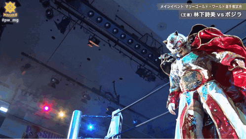 a man in a red and white costume is standing in a wrestling ring with chinese writing behind him