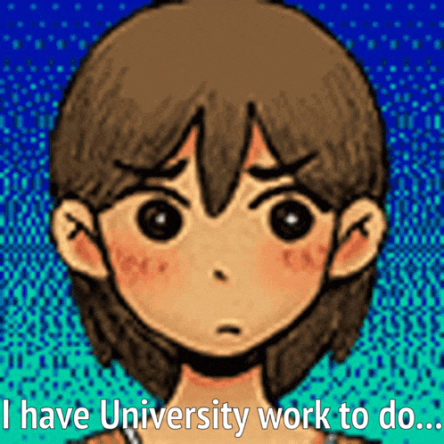 a cartoon of a girl with the words " i have university work to do " below her