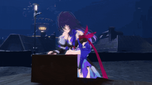 a girl with purple hair is standing in front of a black box