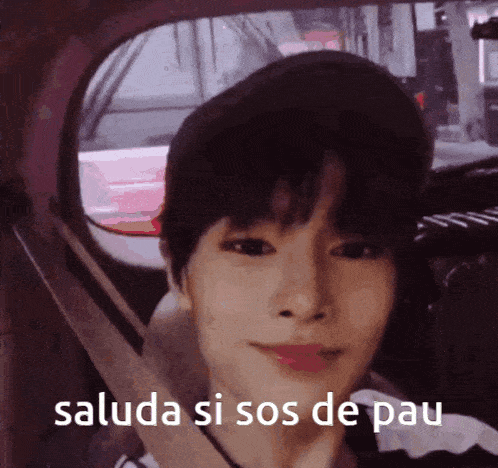 a person in a car with the words " saluda si sos de pau " written on it