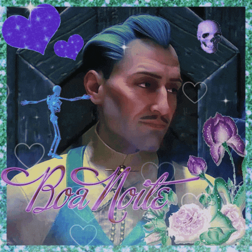 a man with blue hair is surrounded by purple hearts and boa noite written on the bottom