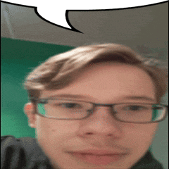 a young man wearing glasses and a speech bubble above his head