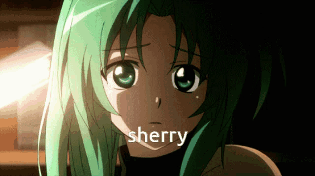 a close up of a green haired anime girl with the word sherry on the bottom