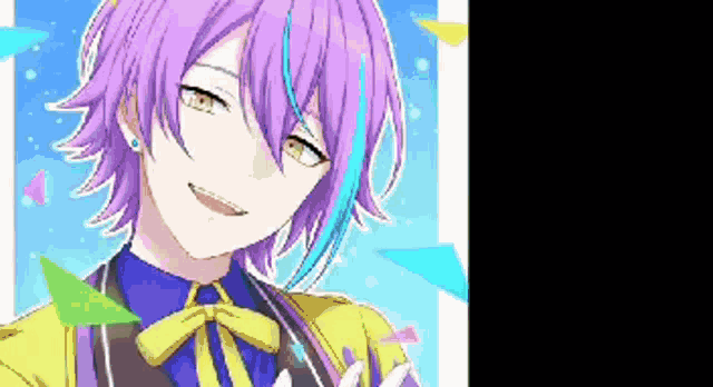 a pixel art of a girl with purple hair and a yellow jacket