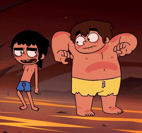 two cartoon characters standing next to each other with one wearing yellow swim trunks with the letter r on them