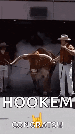 a man is standing next to a bull with long horns and a sign that says hookem congrats .